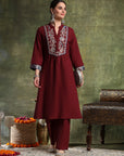 A-Line Cotton Kurta Set with Embroidered Patch Collar & Palazzo