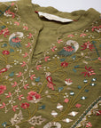 Olive Viscose Kurti with Mandarin Collar & Embroidered Yoke