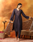 Art Silk Embroidered Kurta Set with Palazzo & Silk Dupatta
