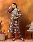Wool Blend Floral Kurta Set with Zari Embroidery, Lace Detail & Solid Palazzo