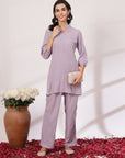 Lavender Co-ord Set with Floral Embroidered Tunic & Pocketed Palazzo