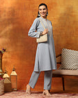 Wool Blend Solid Kurta Set with Thread Embroidery & Elasticated Palazzo