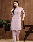 Lavender Cotton Co-ord Set with Tonal Embroidery & Laced Sleeve
