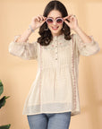 Cream embroidered georgette top with mandarin collar & 3/4th sleeves