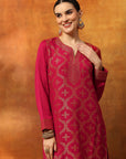 Floral Wool Blend Kurta Set with Swarovski Detailing & Printed Dupatta