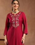 Silk Blend Kurta Set with Intricate Paisley Embroidery, Solid Palazzo & Zari Stitched Hem