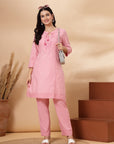 Pink Cotton Co-ord Set with Tonal Embroidery & Laced Sleeve