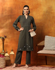 Wool Blend Kurta Set with Embroidered Yoke, Smocked Sleeves & Palazzo
