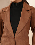 Suede Long Coat with Button Placket & Tab-Sleeve Detailing