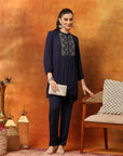 Solid Zari Embroidered Rayon Kurta with Laced Hem Palazzo