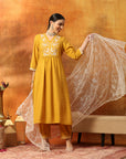 A-Line Kurta Set with Lucknavi Embroidery, Palazzo & Embroidered Supernet Dupatta