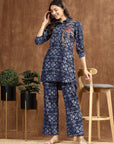 Blue Indo-Western Co-ord with Embroidered Shirt Collar Tunic & Printed Palazzo