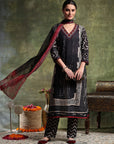 Printed Linen Kurta Set with Mirror Embroidery & Striped Dupatta