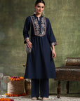 A-Line Cotton Kurta Set with Embroidered Patch Collar & Palazzo