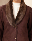 Suede Long Coat with Fur Collar & Sleeve Detailing