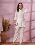 Ivory Co-ord Set with Floral Embroidered Tunic & Pocketed Palazzo