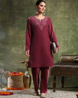 Velvet Embroidered Kurta Set with Organza Patti Sleeves & Palazzo