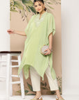 Solid A-Line Rayon Kaftan Kurta with Embroidered Yoke & Flared Sleeves