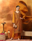 Floral Wool Blend Kurta Set with Swarovski Work & Printed Dupatta