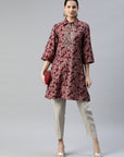 Floral Printed A-Line Modal Chanderi Kurti with Shirt Collar