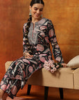 Wool Blend Floral Kurta Set with Zari Embroidery, Lace Detail & Solid Palazzo