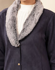 Suede Long Coat with Fur Collar & Sleeve Detailing
