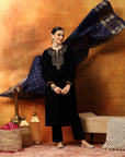 Velvet Kurta Set with Zari Embroidered Yoke with Palazzo & Art Silk Dupatta