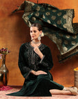Velvet Zari-Embroidered Kurta Set with Bell Sleeves, Palazzo & Banarasi Dupatta