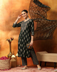Viscose Rayon Kurta Set with Ethnic Motif Print, Zari Work & Printed Chiffon Dupatta