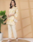 Yellow Abstract Print Rayon Slub Co-ord with Solid Palazzo
