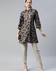 Floral Printed A-Line Modal Chanderi Kurti with Shirt Collar