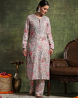 Wool Blend Floral Kurta Set with Zari Embroidery, Lace Detail & Solid Palazzo