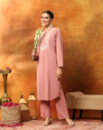 Wool Blend Embroidered Kurta Set with Mandarin Collar & Elasticated Palazzo