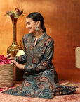 Wool Blend Floral Printed Kurta Set with Mandarin Collar, Zari Work & Printed Palazzo