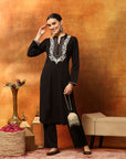 Wool Blend Embroidered Kurta Set with Mandarin Collar & Elasticated Palazzo