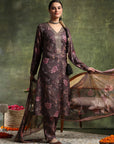 Floral Pashmina Wool Kurta Set with Chiffon Dupatta