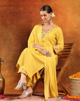 Nylon Viscose Kurta Set with Ari Embroidery, Lace-Trimmed Palazzo & Chiffon Dupatta