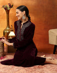 Velvet Kurta Set with Mandarin Collar & Zari Embroidered Yoke