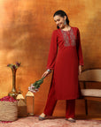 Wool Blend Calf-Length Kurta Set with Round Neck & Thread Embroidery