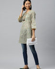 Floral Printed Cotton A-Line Kurti with Tie-Up Neck