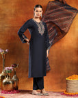 Poly Viscose Embroidered Kurta Set with Silk Palazzo & Printed Chiffon Dupatta