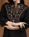 Black Viscose Kurti with Mandarin Collar & Embroidered Yoke