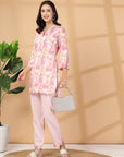 Pink Abstract Print Rayon Slub Co-ord with Solid Palazzo