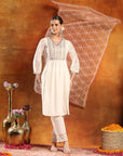 Crepe-Raschel Embroidered Kurta Set with Mesh Lace Dupatta