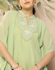 Solid A-Line Rayon Kaftan Kurta with Embroidered Yoke & Flared Sleeves