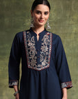 A-Line Cotton Kurta Set with Embroidered Patch Collar & Palazzo