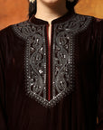 Velvet Kurta Set with Mandarin Collar & Zari Embroidered Yoke