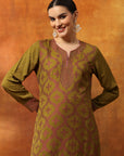 Floral Wool Blend Kurta Set with Swarovski Detailing & Printed Dupatta