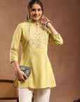 Lemon Embroidered Kurti with Lace Sleeves and Mandarin Collar