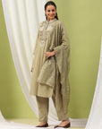 Mandarin-Collar Cotton-Blend Kurta Set with Embroidered Palazzo & Zari-Edged Dupatta